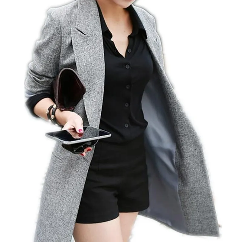 Новое прибытие женские пиджаки модная длинная куртка плюс размер хлопок пальто серый одной кнопки пальто