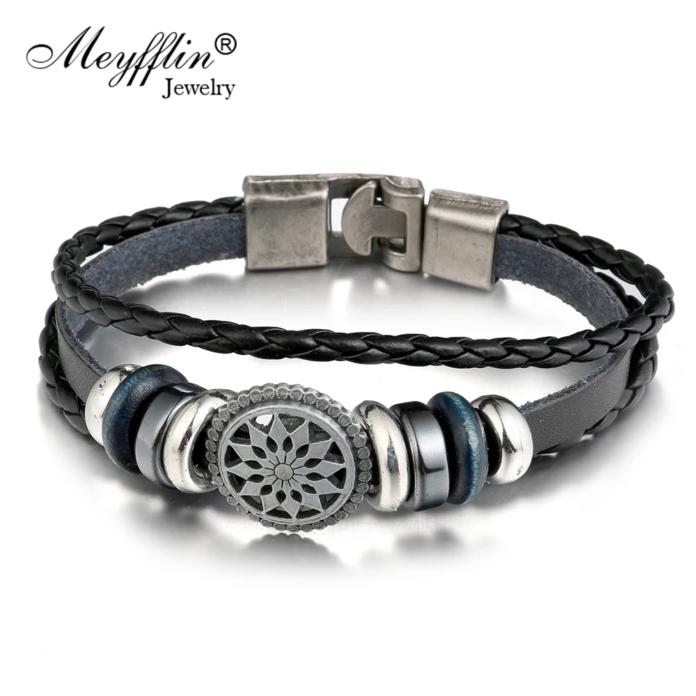 

Meyfflin Punk Rock Men Leather Charm Bracelets & Bangles WristBand Vintage Fashion Sunflower Alloy Bracelets For Women Jewelry