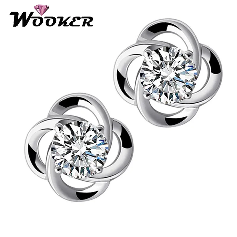 WOOKER Hypoallergenic Crystal Silver Four Leaf Stud Earring For Women