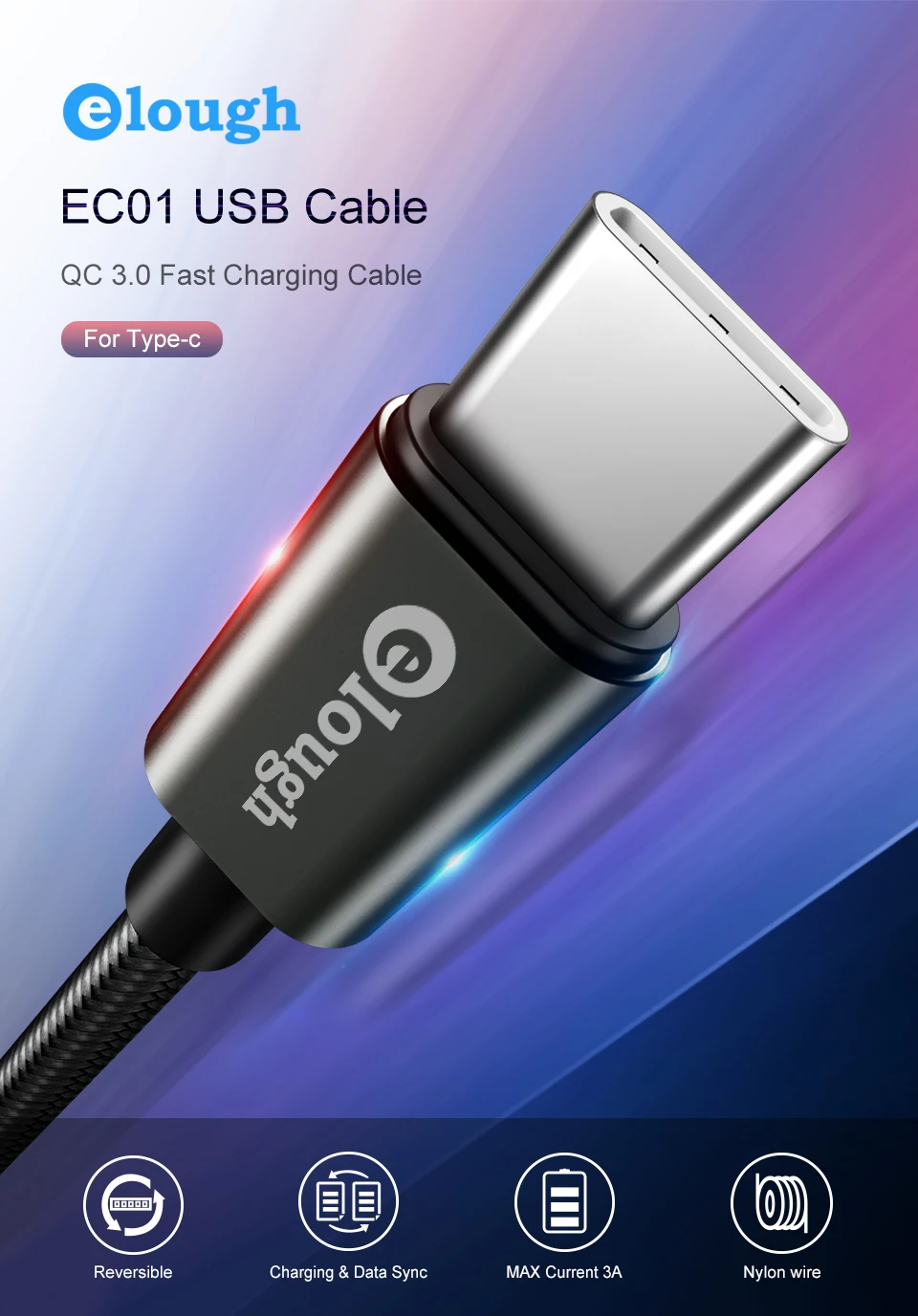 Elough usb type-c кабель для samsung s9 s8 note 9 8 huawei xiaomi type-c мобильный телефон зарядное устройство данных Быстрая зарядка usb кабель провод