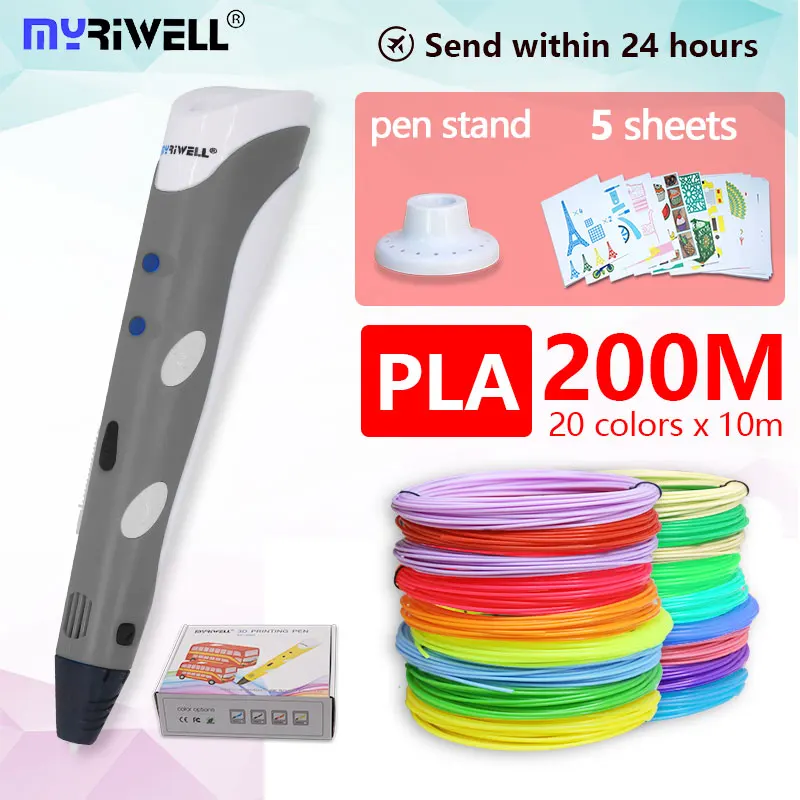 Myriwell 3d Ручка 3d+ 100 м pla нити 3d печатных ручка 3 d Ручка 3d ручки для детей искусство рисования инструменты лучший подарок для детей - Цвет: gray PLA 20color