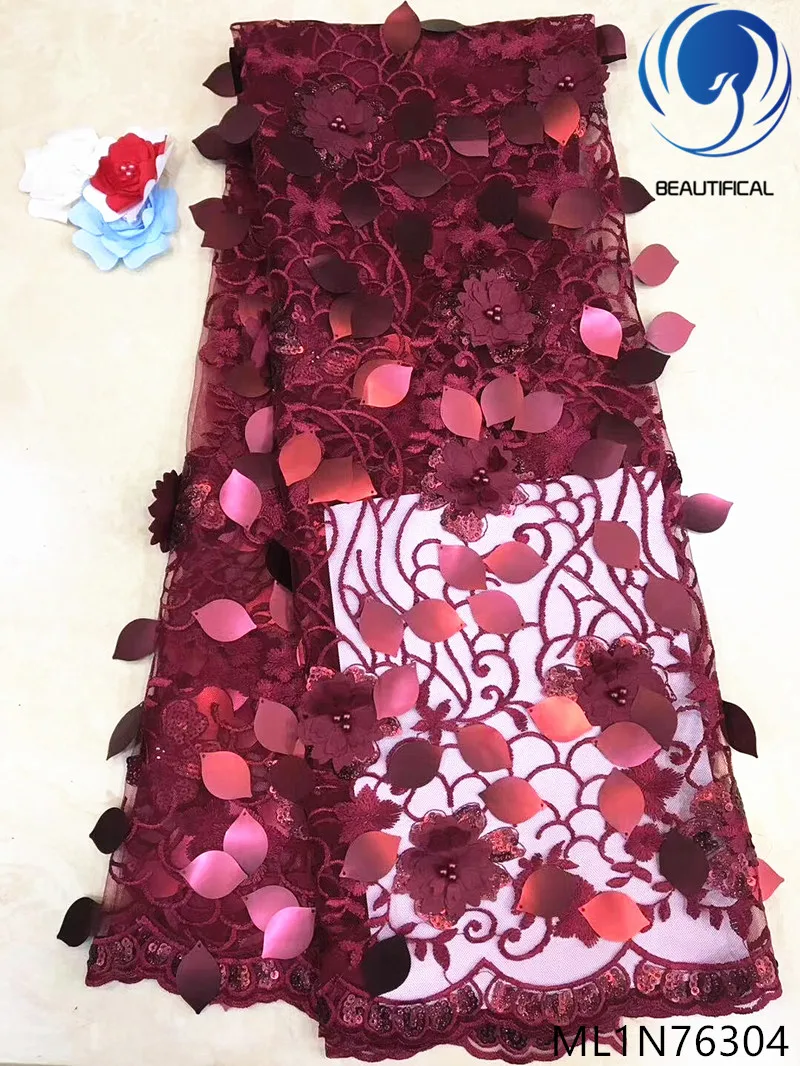 

BEAUTIFICAL wine red bridal lace fabric 3d sequins african sequin lace fabric 2019 high quality lace 3d laces with beads ML1N763
