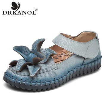 

DRKANOL 2020 Spring Summer Genuine Leather Women Flat Shoes Handmade Retro Flowers Women Casual Shoes Soft Pleated Loafers Flats