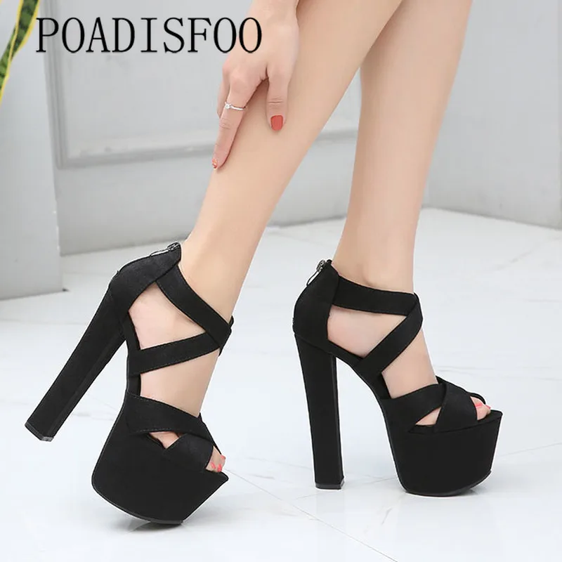 

CEVABULE 17Cm Stage Catwalk Shoes Super High Heel Coarse Heel Sandals Zipper Black High Heels Female Summer ZYW-628-2