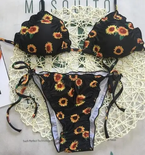 Сексуальный цветочный комплект бикини с пуш-ап, женский купальник с подсолнухами, купальный костюм с подкладкой, летняя пляжная одежда для женщин, maillot de be femme - Цвет: BLACK