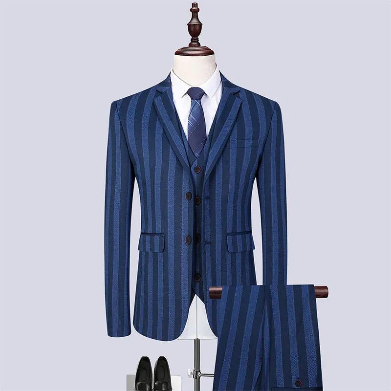 Весенние и осенние мужские платья, комплект из 3 предметов, Азиатский размер S-6XL, мужской полосатый Блейзер, куртка со штанами и жилетом