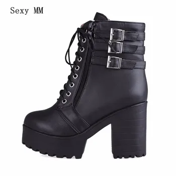 

Spring Autumn Platform Square High Heels Ankle Boots Women Short Boots Ladies Shoes botas botte femme Plus Size 34-40.41.42.43