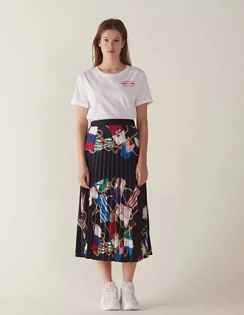 

2019 New Women Flower Print Pleated Skirt Chiffon Midi Skirt