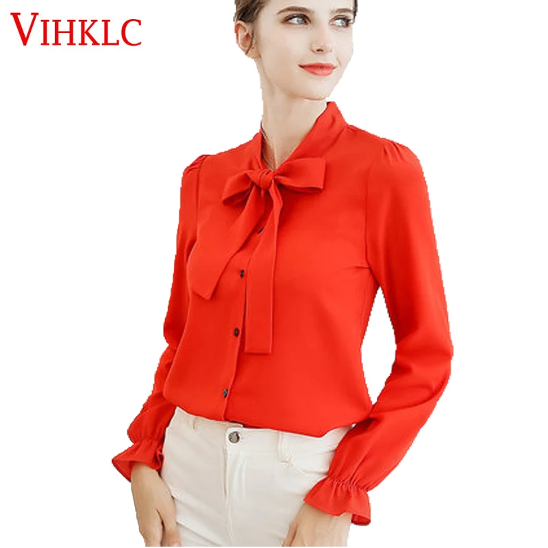 Spring Women Chiffon Long Sleeve Bow Tie Shirt Korean