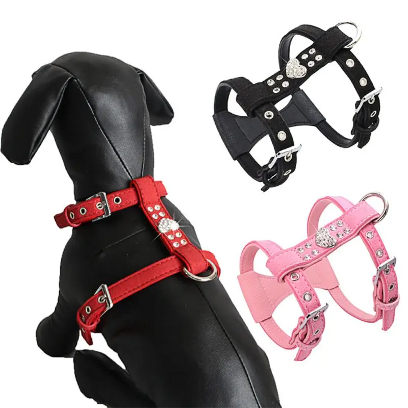 

Soft Suede Leather Puppy Dog Harness Rhinestone Pet Cat Vest Mascotas Cachorro Harnesses For Small Medium Dogs Chihuahua