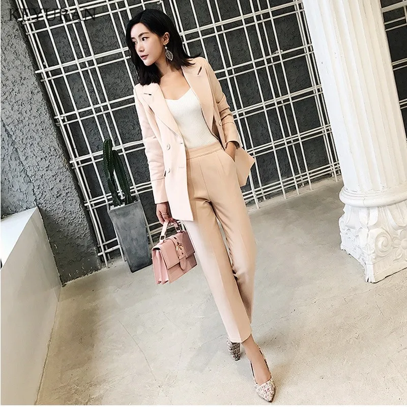 New Blazers Pants Suit Solid Simple 2 two Piece Set Long Slim Jacket