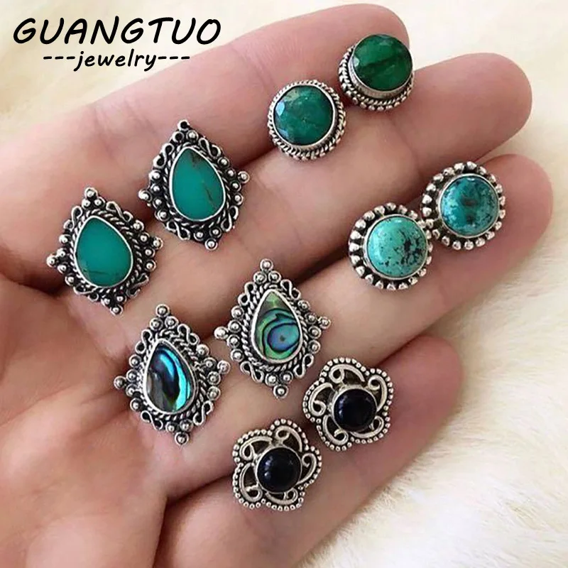 

5 PAIRS/SET Vintage Bohemia Water Drop Flower Stud Earrings Gemetric Round Circle Antique Silver Earrings Set Jewelry Gift EB503
