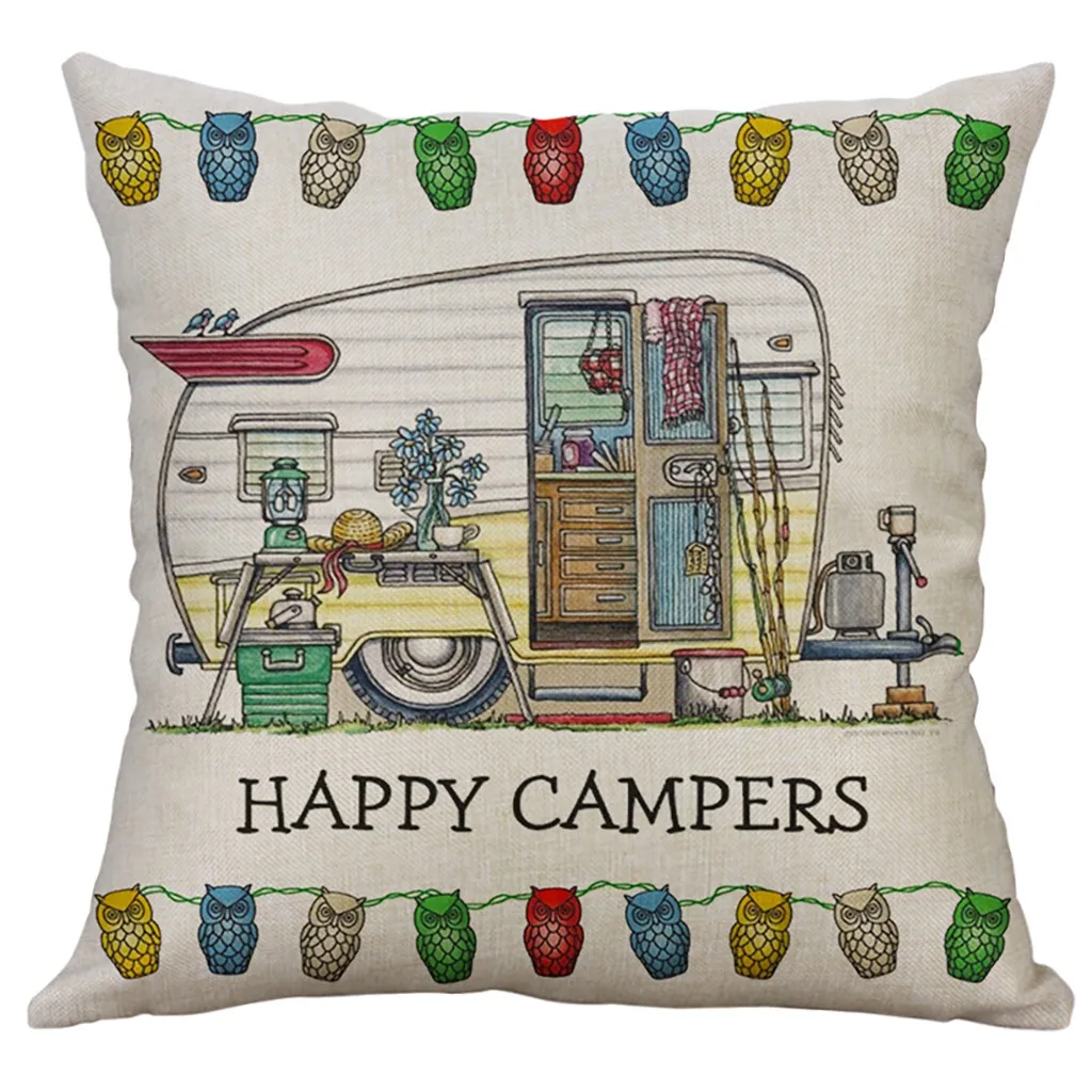 Счастливые туристы для подушек из хлопка и льна Винтаж Happy Camper Подушка Чехол для дивана из ПВХ для дома декоративная Подушка Чехол 45*45/40*40