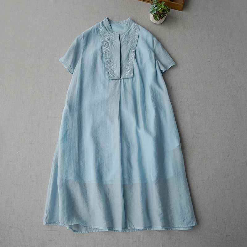 

Summer Women Loose Plus Size Elegant Embroidery Stand Collar Comfortable Soft Silken Cotton Dresses 3 Colors