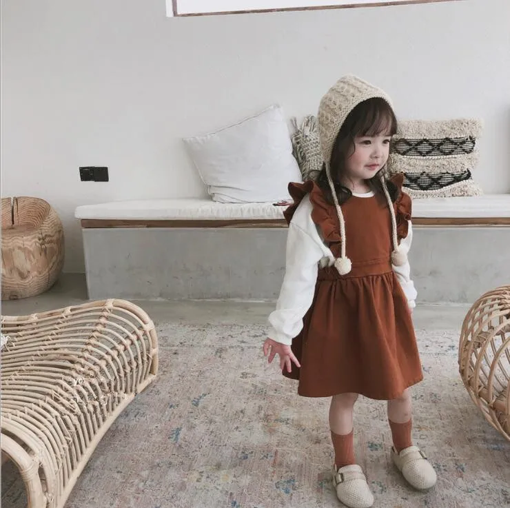 Korean Style Girls Ruffles Dress Fashion Autumn Girls Vest Dresses 3-8 Years PV719