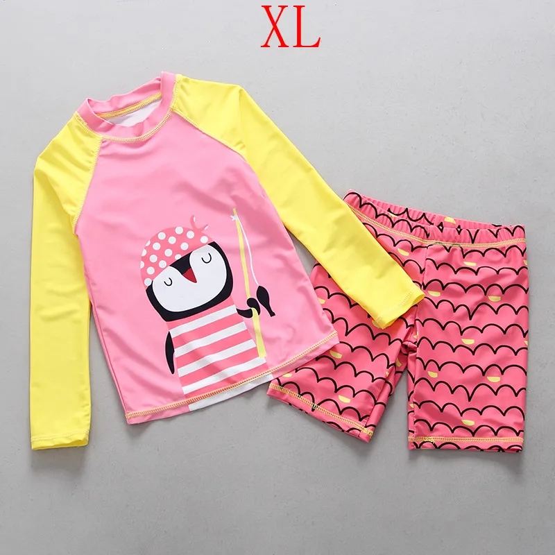 SIZE XL Детский купальный костюм для детей от 3 до 15 лет, принт с пингвинами, длинный рукав, Рашгард+ плавки для девочек, УФ-блок, пляжная одежда купальный костюм - Цвет: SIZE XL
