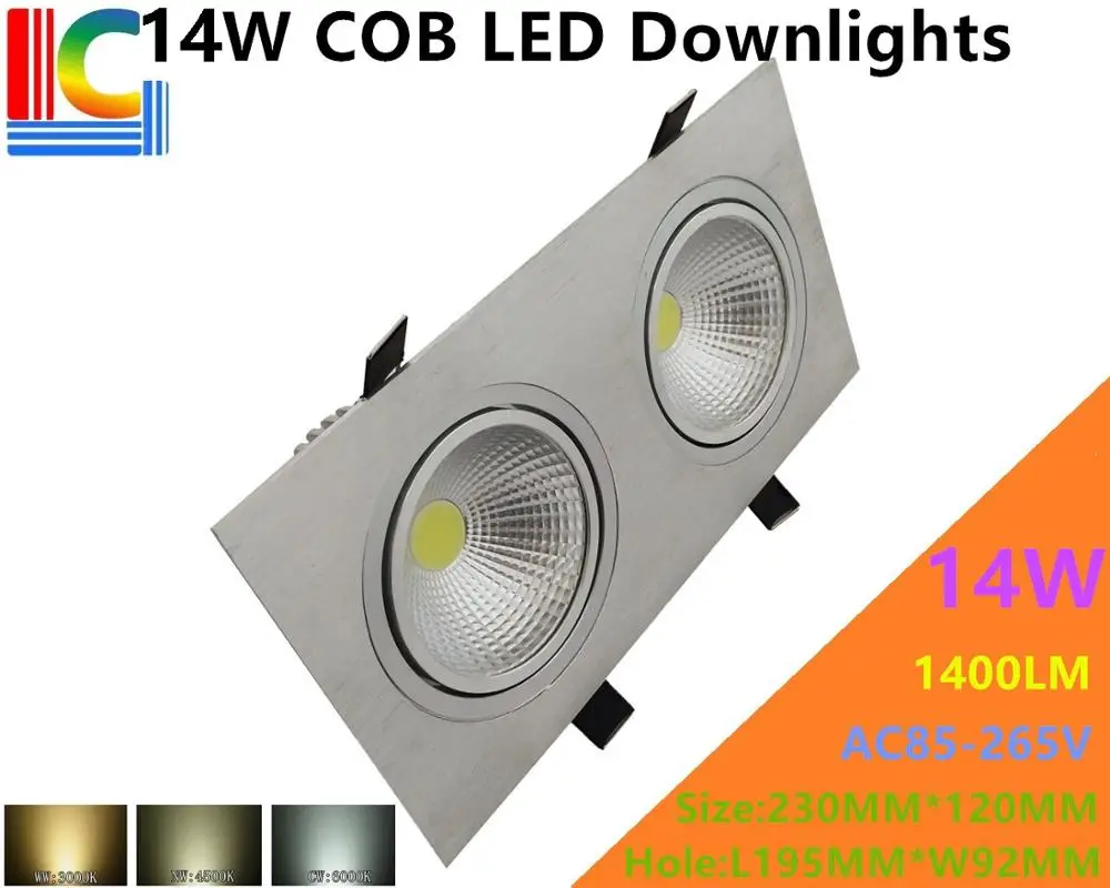 

Double COB 14W Rectangular LED Downlights 85-265V Recessed Ceiling light CE Ultra bright Home Furnishing lighting Grille lamp
