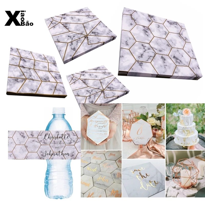 

New 6/20PCS Marble Metallic Gold Bouquet Party Napkins Bottle Water Label Sticker Wedding Wrapper Invitation Birthday Decoration