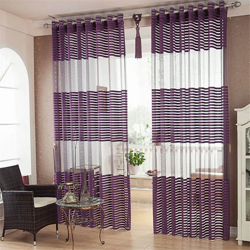 Солидный тюль в полоску, занавески для гостиной, спльни, современные синие отвесные занавески для кухни, вуаль, на окно, домашние занавески, драп - Цвет: Purple