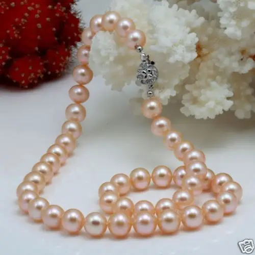 

Hot sell Noble- Free shipping@@@@@ A>Charming natural 9-10mm akoya AAA+ pink pearl necklace a