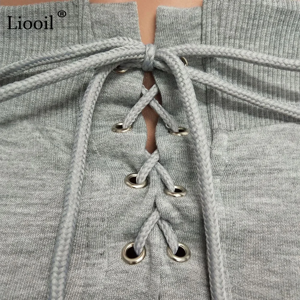 Liooil Off Shoulder 2pcs Active Set Women Outfits Sweatshirt Long Sleeve Crop Top And Pants Lace-Up Track Suits Woman Sets