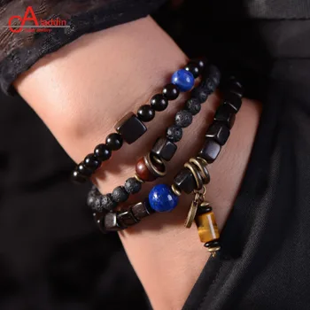 

Aladdin new Original Design Vintage Ethnic Style Men Bracelets Ebony wood Men Bracelets with Gem Lave tiger Beads for Men gift