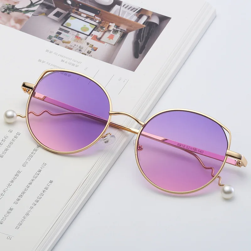 Пикантные женские Pearl брови cat Солнцезащитные очки круглые Для женщин металлический каркас UV400 Брендовые очки модельер женский оттенки FML - Цвет линз: purple