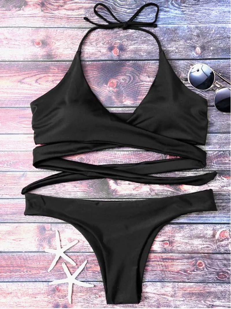 2018 Halter Criss Cross Rope String Bandage Bikinis Push Up Low Rise