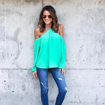 

Summer Womens sexy blouses girl Sexy Long Sleeve Off The Shoulder Chiffon Tops Blouse Shirt female blusas Casual Halter plussize
