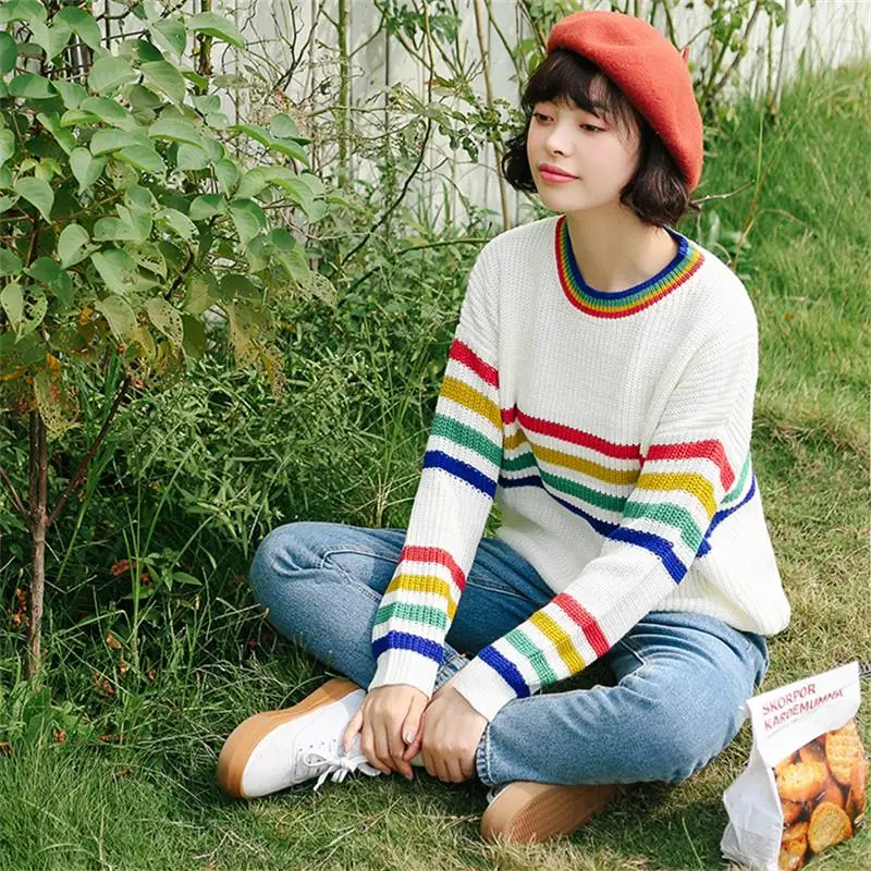 Женские Повседневные свитера Kawaii Ulzzang японский колледж Свободный Полосатый