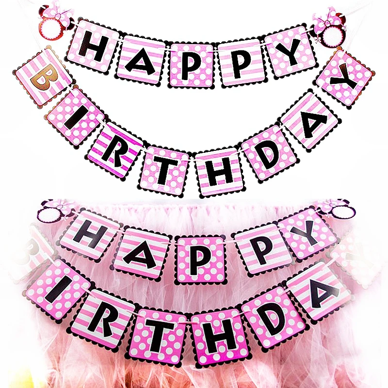 

HAPPY Birthday Pink Minnie Mouse Bow String Bunting Kids Party dot stripe flags Banner hanging Wall decoration Banners girl gift