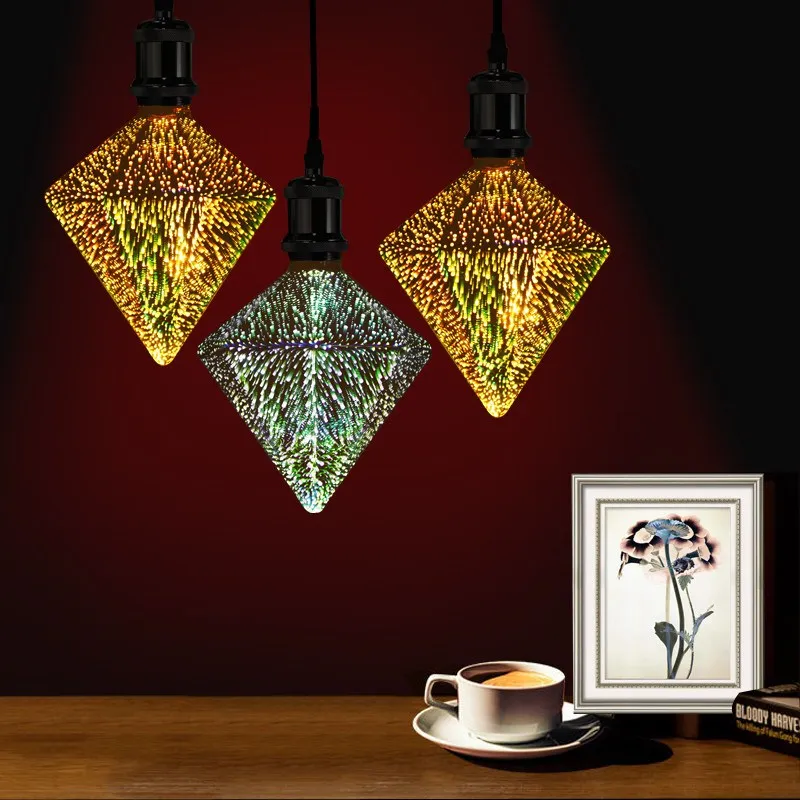 3D Fireworks E27 Polyhedron LED Retro Decor Glass Pendant