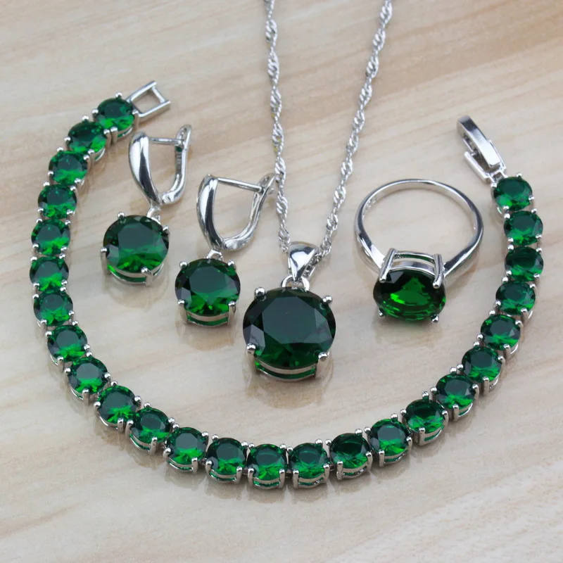 

925 Silver Small Round With Natural Stones CZ Green Jewelry Sets For Women Trendy Costume And Free Jewelry Box