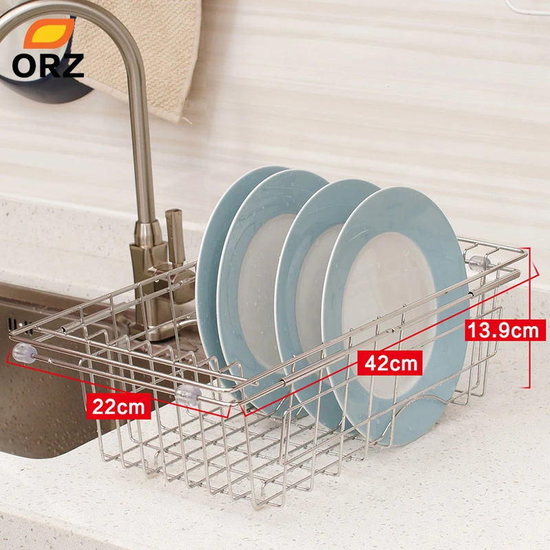 Kitchen Fruits Vegetables Draining Rack Stainless Steel Adjustable In-Sink Dish Bowl Drainer Drying Basket Storage Tray ORZ