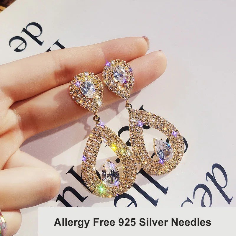 Корейский стиль серьги с кристаллами в форме капли для женщин Роскошные блестящие массивные серьги серебряные золотые вечерние серьги Модные ювелирные изделия