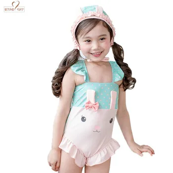 

New summer baby girls swimwear+hat 2pc set Cartoon swimming suit infant toddler kids children beach bath suit rabbit swimwear