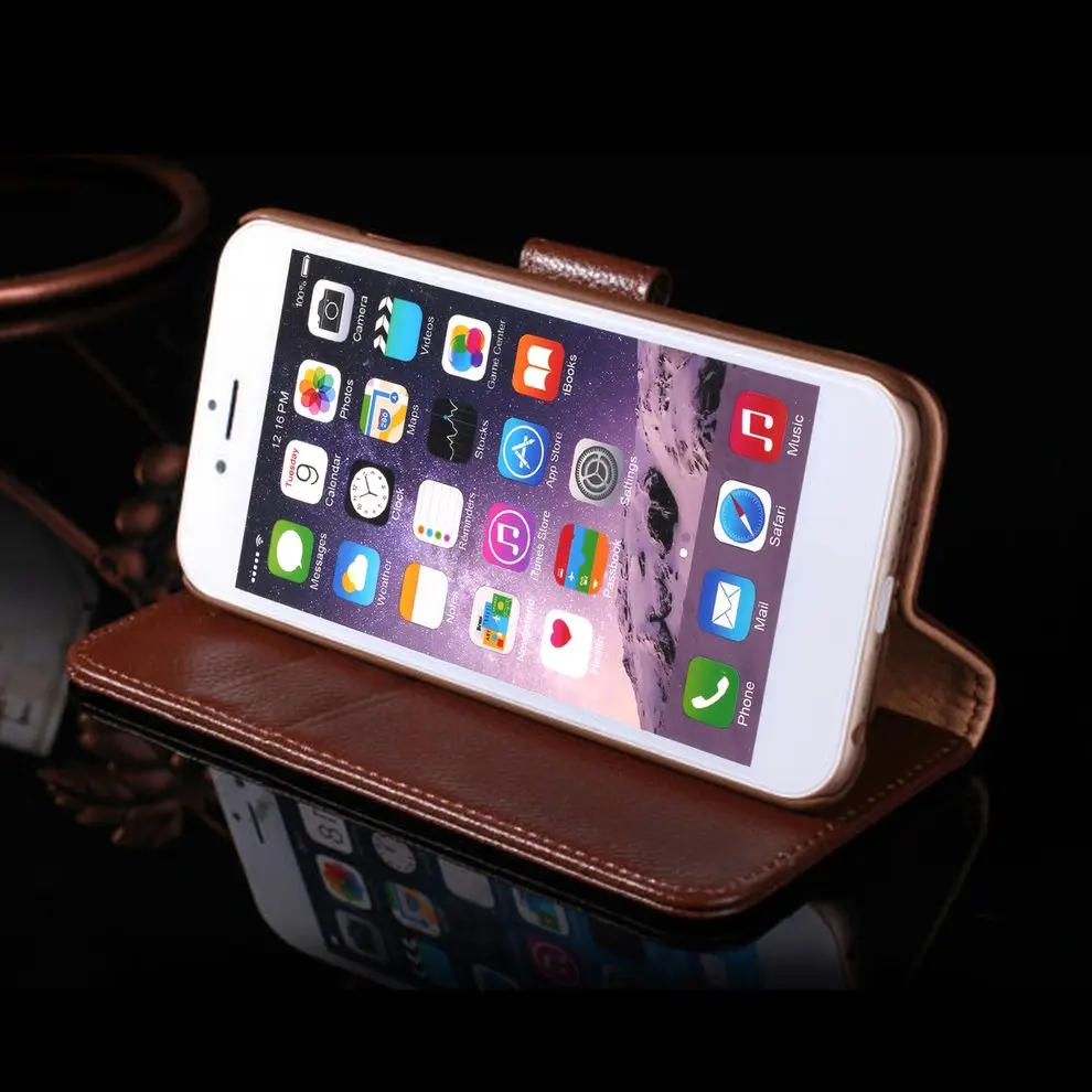 

10 Pcs Brown Lichee Pattern Cow Leather Phone Case Wear Resistant Wallet Phone Cover Card Slot Phone Shell For iPhone 6/6s Plus