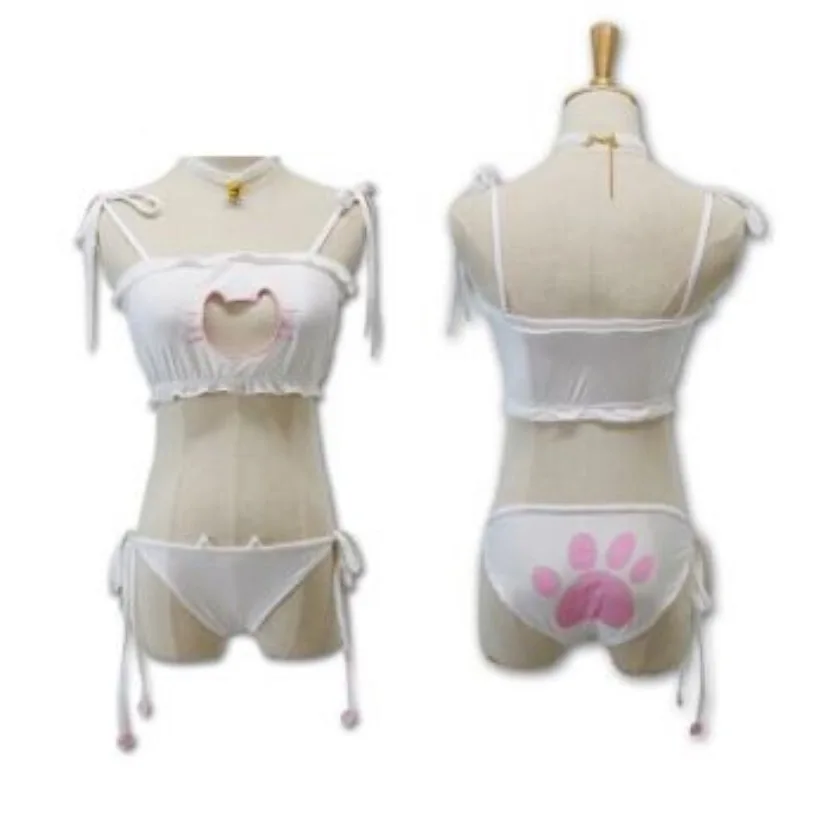 white cat sets Новое поступление милые сексуальные Kawaii Kitty Cat Вышивка мяу звезда Замочная скважина полый бюстгальтер и нижнее белье Love Live аниме Косплэй комплект нижнего белья - Цвет: white cat sets