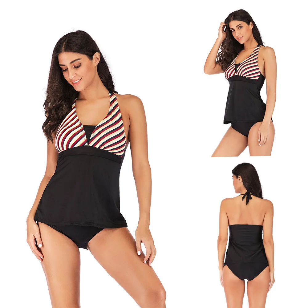 

New Sexy Striped Plus Size Swimwear Retro Push Up Halter Tankini Women Bathing Suit Two Pieces Larger Size Swimsuit With Shorts
