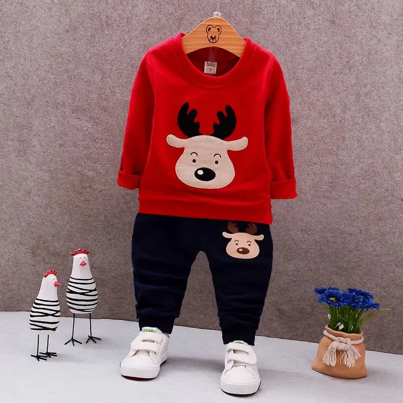 Комплекты одежды для маленьких мальчиков Модный пуловер с длинными рукавами+ штаны детские костюмы из 2 предметов комплекты детской одежды с круглым вырезом и рисунком оленя - Цвет: Красный