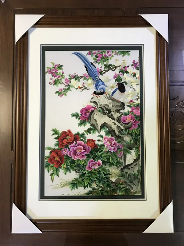 

Handmade 100% Mulberry Silk Thread Finished Suzhou Embroidery not include frame ,peony and birds picture 40*60cm