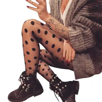

Women's Fashion Big Polka Dots Leggings Seamless Sexy Sheer Long for Lady Black