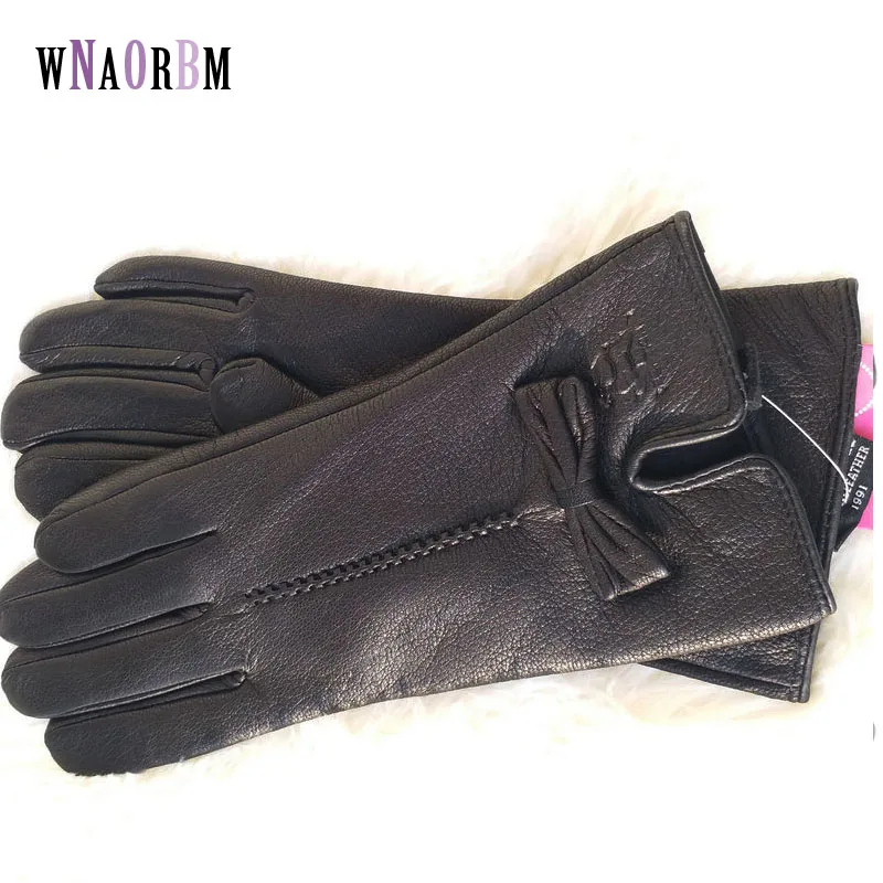 Новые женские кожаные перчатки, зимние теплые женские мягкие женские перчатки из оленьей кожи, высококачественные перчатки - Цвет: black