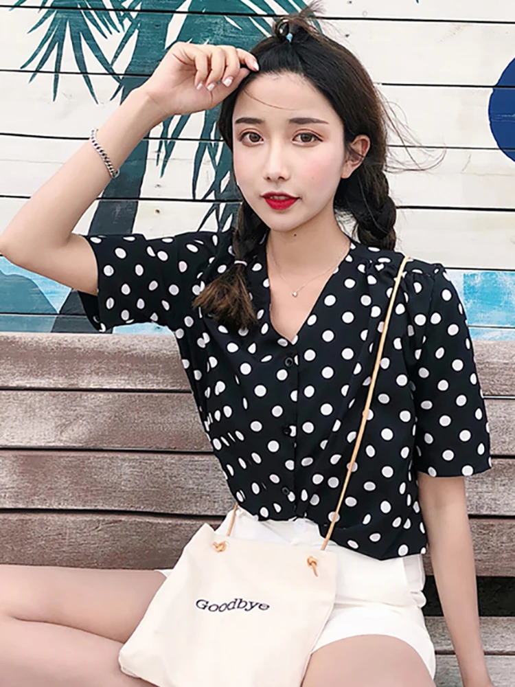 summer polka dot women blouse and shirts loose lady elegant fashion v-neck Top Sweet Woman Chiffon Blouses