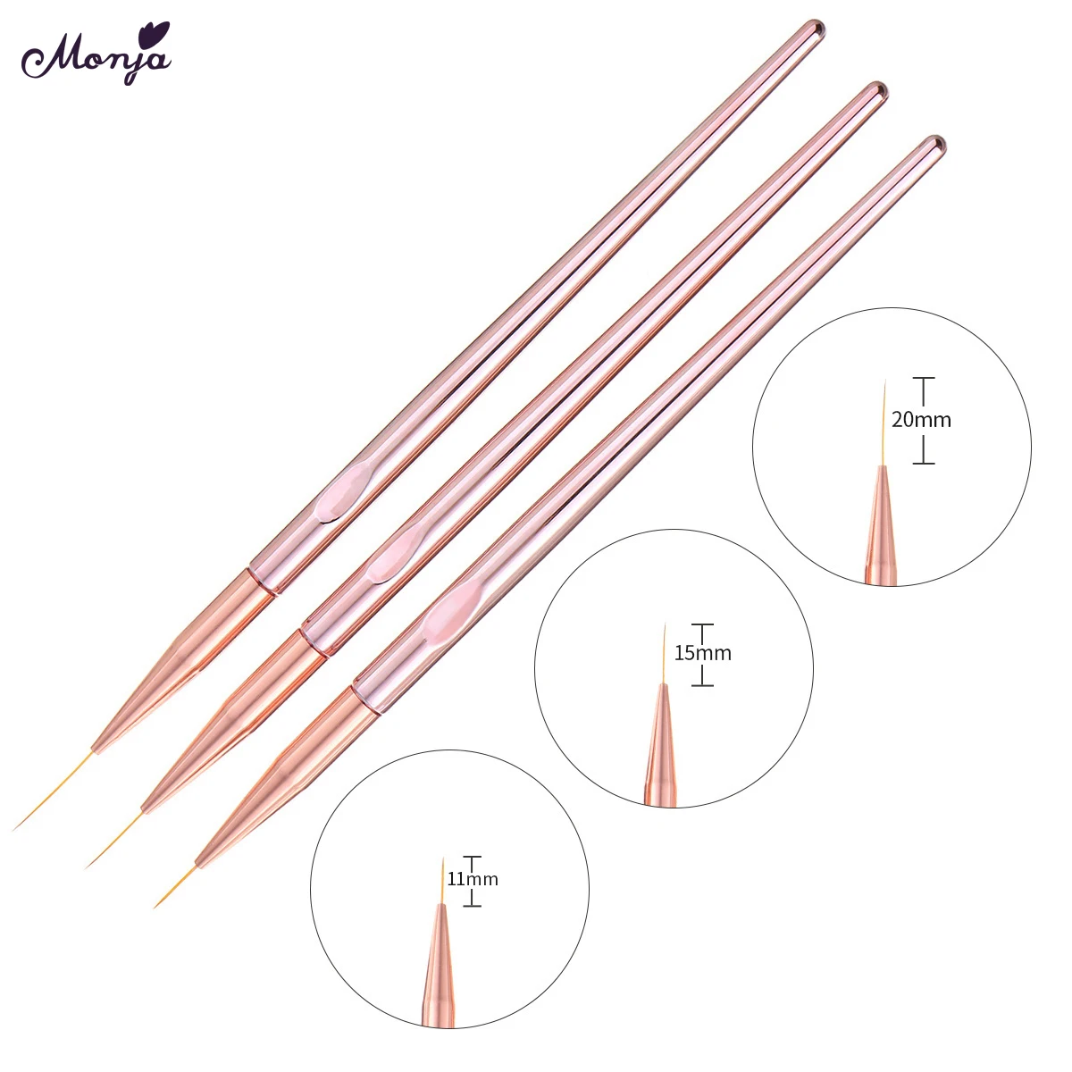 

Monja 3pcs Nail Art French Stripes Lines Liner Drawing Brush Champagne Handle Flower Grid Painting Pen 3D Manicure Tool