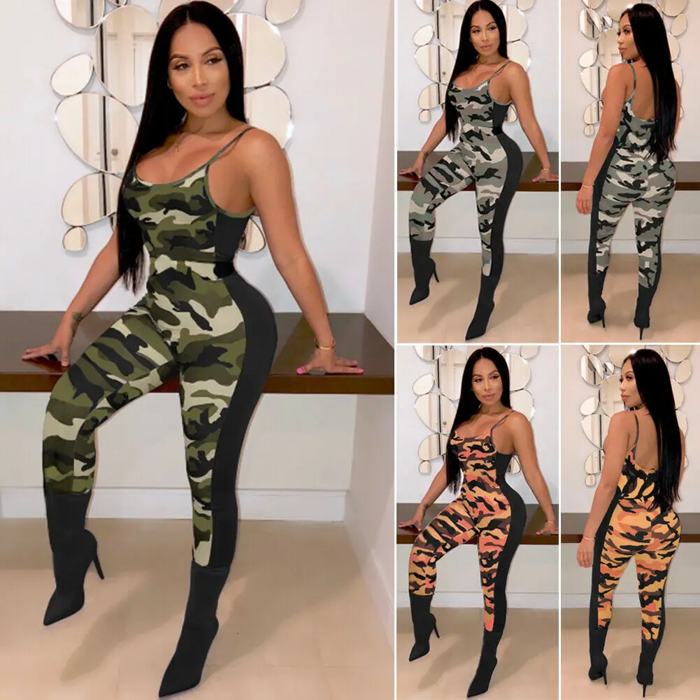 

Women's Camouflage Bodycon Jumpsuit Summer Sleeveless Sexy High Waist Romper Clubwear Playsuit Overalls One Piece