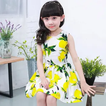 

New Summer Vintage Lemon Printed Girls Dress Elegant Kids Girls Yellow Dresses Lemon Print Dress Sleeveless Baby Dreses