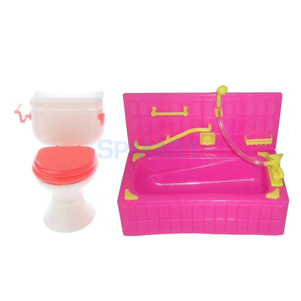 MagiDeal Plastic Dolls House Miniature Bathtub+Toilet Bathroom