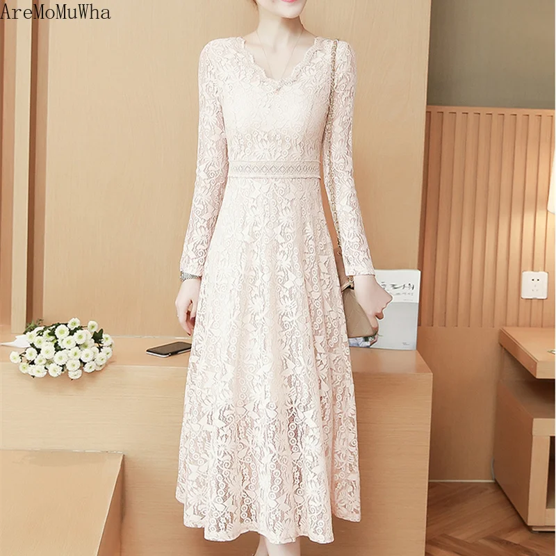 AreMoMuWha V collar lace long-sleeved dress 2019 Spring Autumn New style bottom medium length built knee dressmh329 | Женская одежда