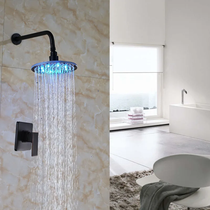 Newly Wall Mount Oil Rubbed Bronze Shower Set LED Light Bath Rainfall Shower Units Mixer Tapin